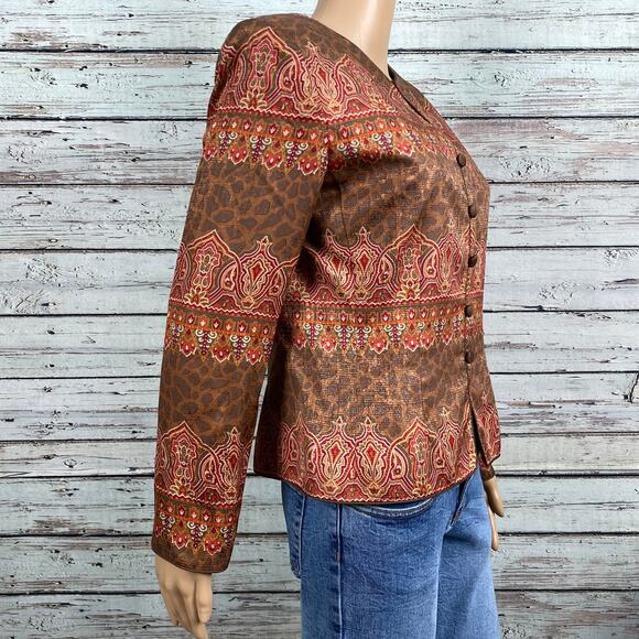 Vintage Adrianna Papell Brown Floral Mandarin Style Blazer Jacket SZ 4 Silk - Picture 5 of 8